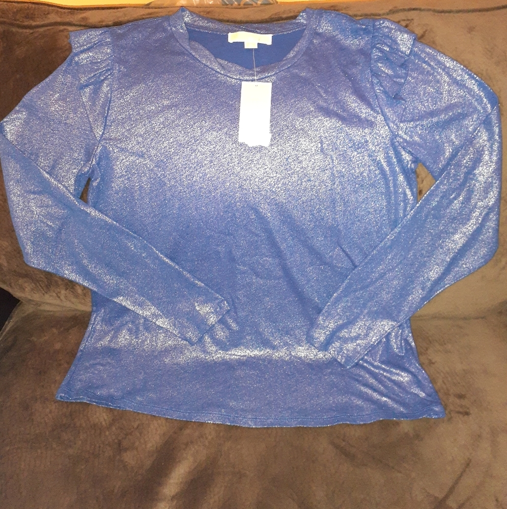 Michael Kors Metalic Blue Ruffle Sleeve Shirt